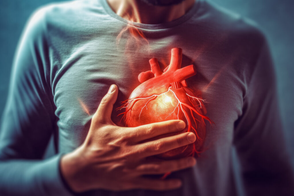 Abstract image of a man with chest pain. Health concept. Background with selective focus and copy space. AI generated, human enhanced