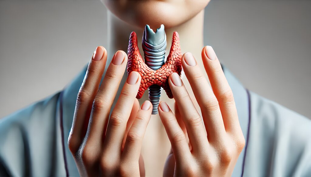 A person holding a 3d model of a thyroid gland, symbolizing thyroid health and medical care.