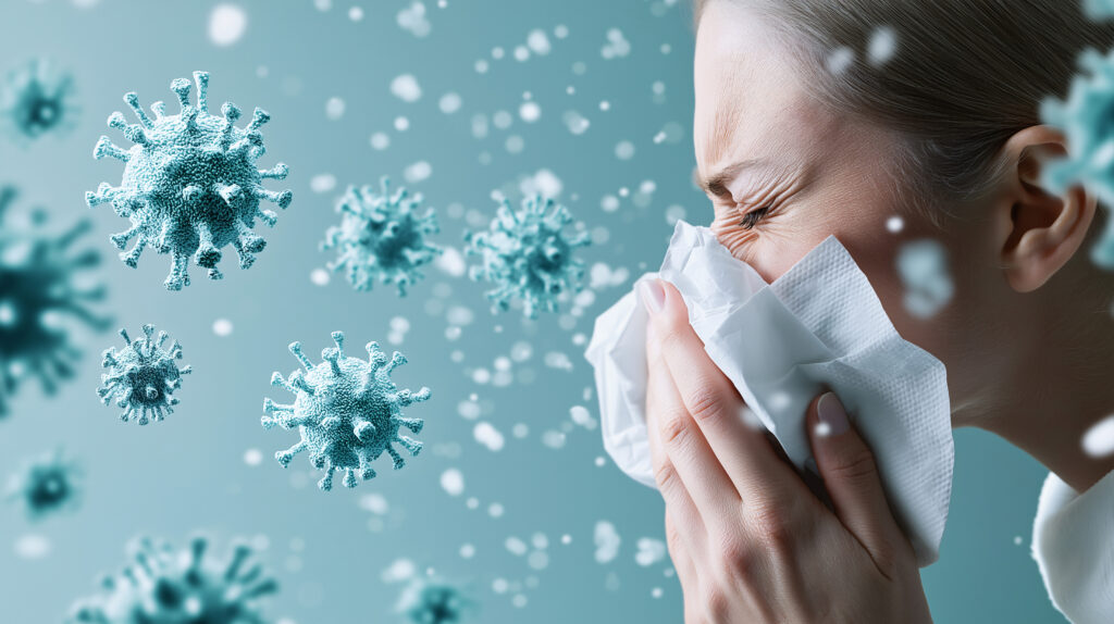 Young woman sneezing, coughing, and blowing her nose during cold and flu season highlighting health and illness concepts