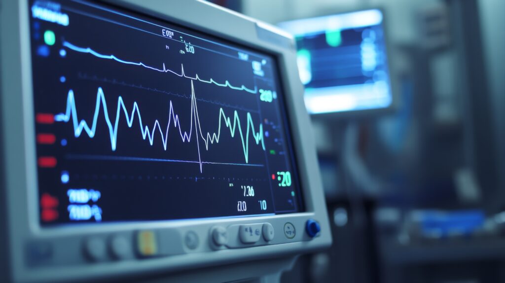 A detailed ECG waveform on a medical monitor with precise heart rate data, captured in a clinical environment with a focus on accuracy.