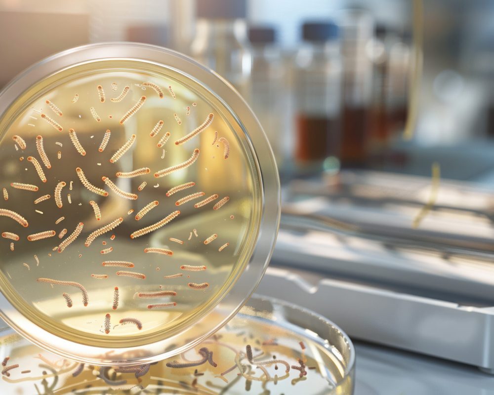 Microscopic view of parasitic worms in a petri dish, surrounded by lab equipment, symbolizing medical research and health concerns in scientific studies.