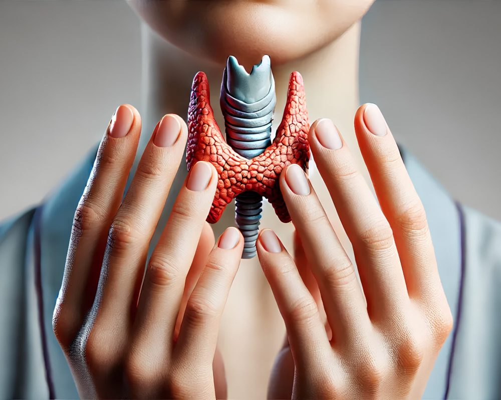 A person holding a 3d model of a thyroid gland, symbolizing thyroid health and medical care.