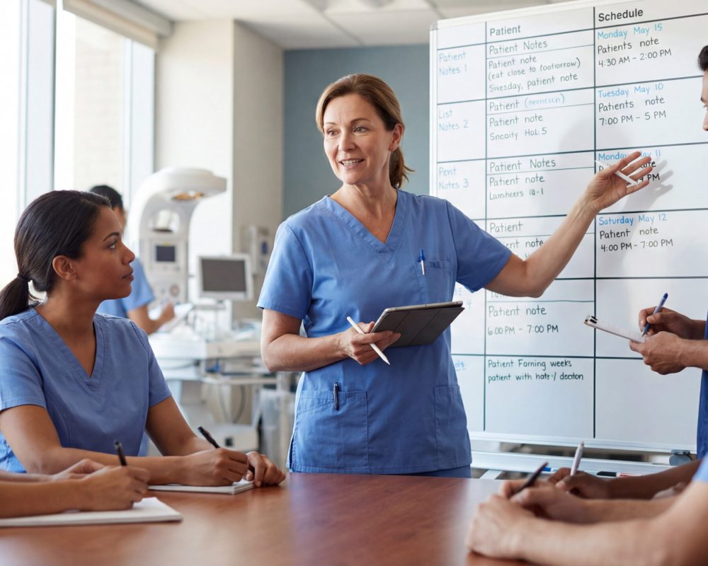 Healthcare team discussing patient care in hospital meeting room