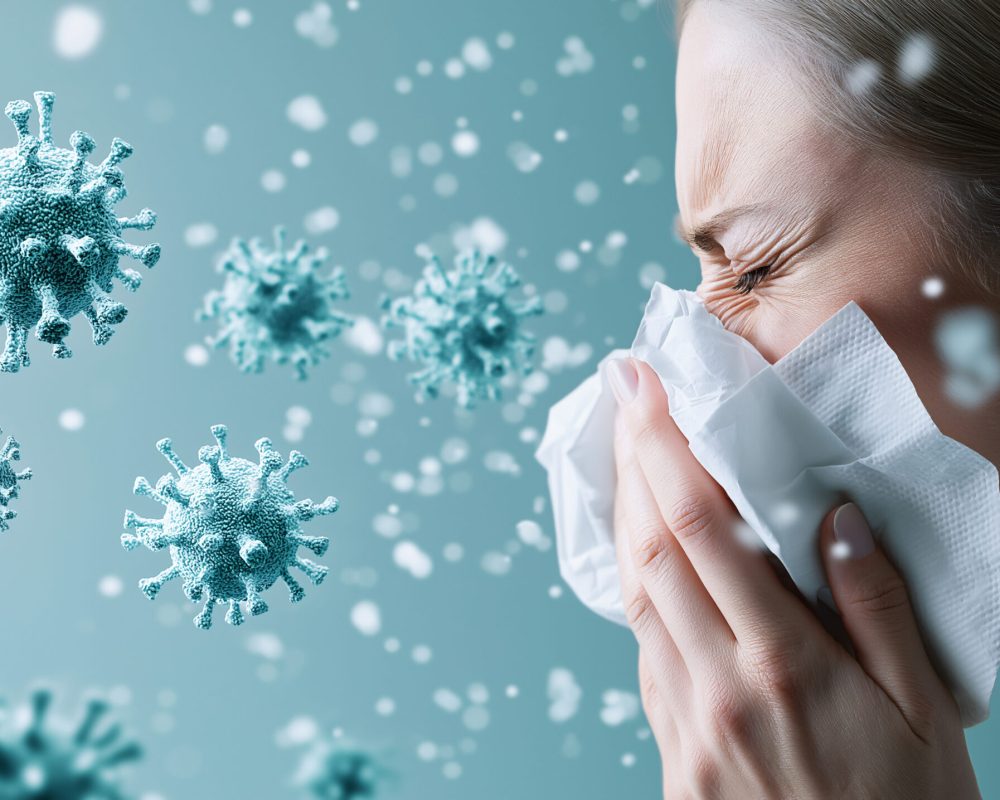 Young woman sneezing, coughing, and blowing her nose during cold and flu season highlighting health and illness concepts