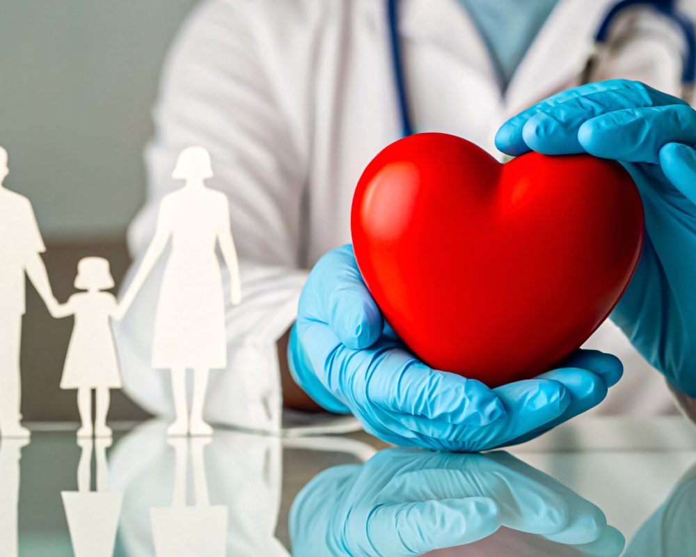 A medical Cardiologist in a white coat with a heart, caring for Family V2