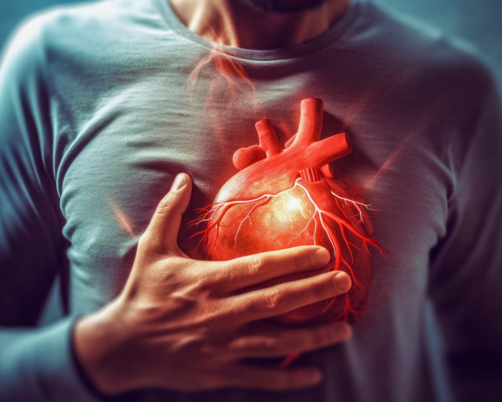 Abstract image of a man with chest pain. Health concept. Background with selective focus and copy space. AI generated, human enhanced