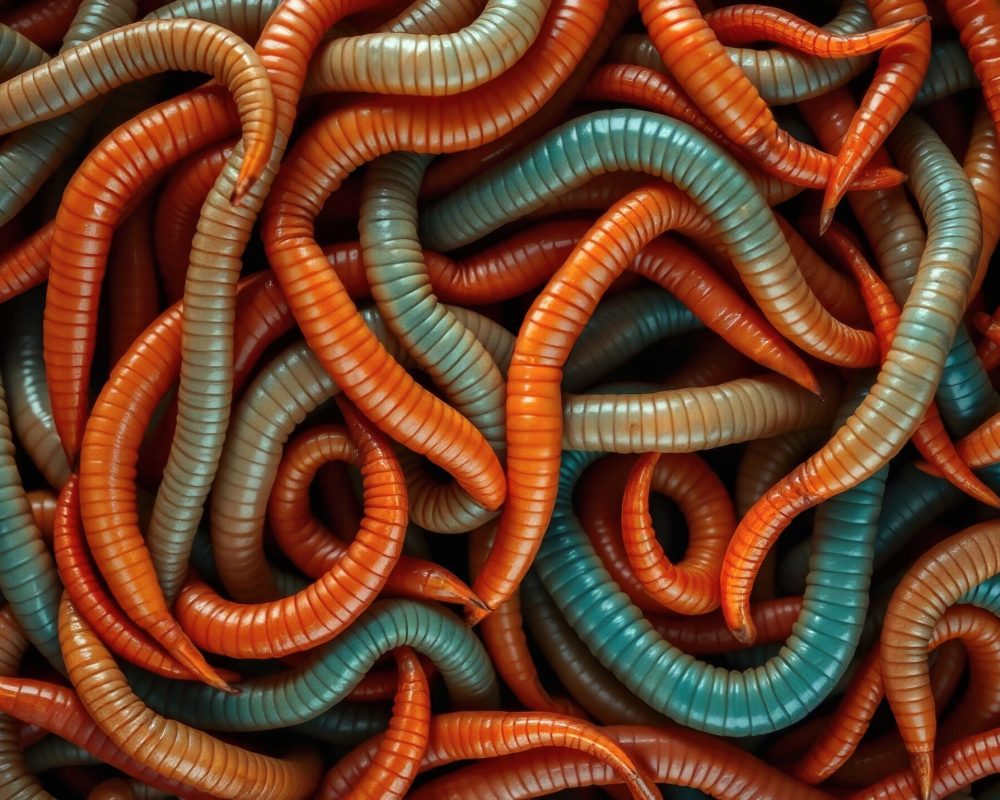 Macro view of helminths worms with vibrant colors, showing intricate details of their segmented bodies