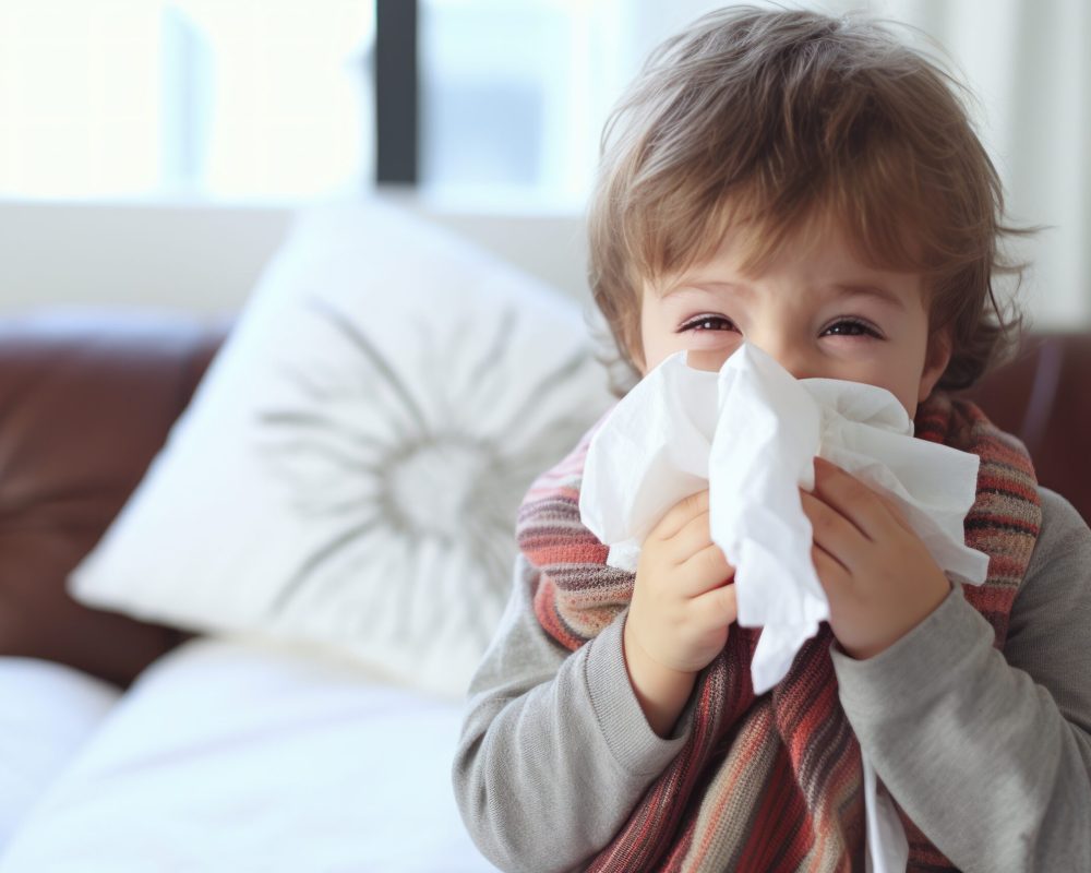 a cute little young baby child sick blowing his nose and coughing. ill with cold and angina flu. took day off and sits on bed couch at home. Generative AI
