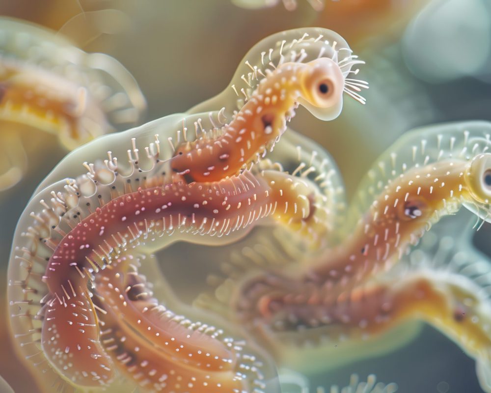 Generate a high-resolution image of parasites under a microscope, showing their detailed anatomy and surface features