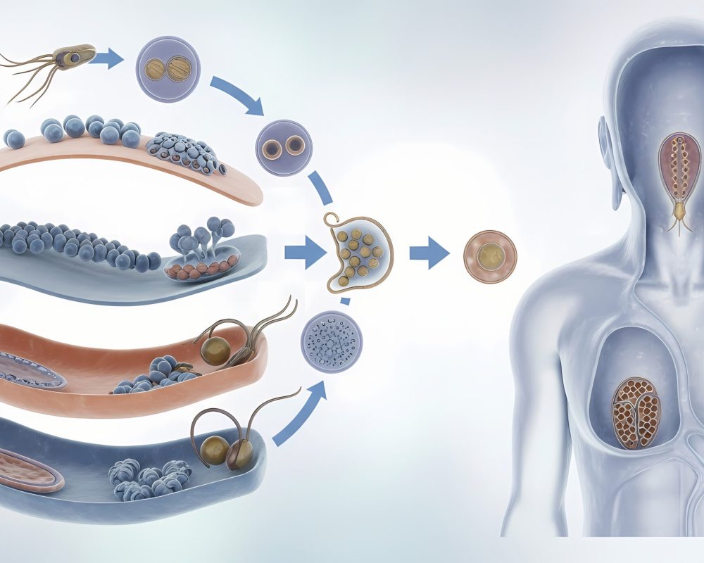 Illustration of a parasitic infection cycle, showing stages of development and human host.