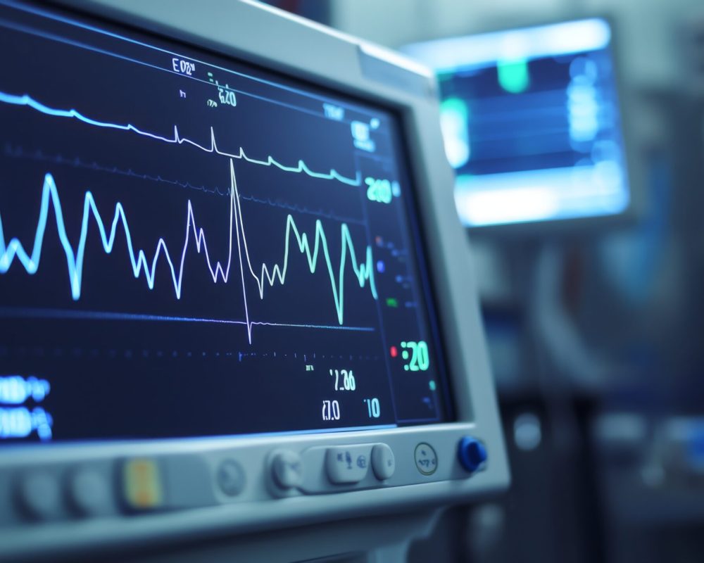 A detailed ECG waveform on a medical monitor with precise heart rate data, captured in a clinical environment with a focus on accuracy.